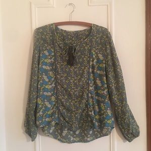 prAna Olive Green & Teal Floral Peasant Blouse